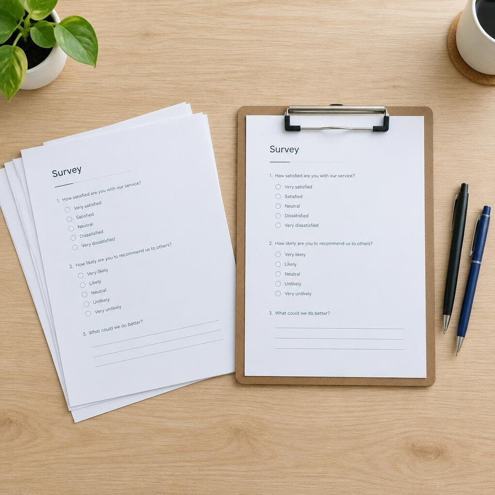Printed survey questionnaires and pens on a desk